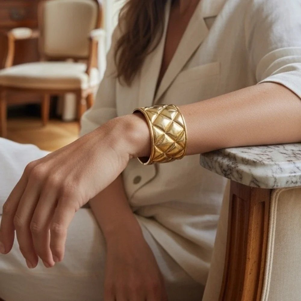 Chanel 2017 Spring 17P Gold Quilted Matelasse Wide Cuff Bracelet Made in France